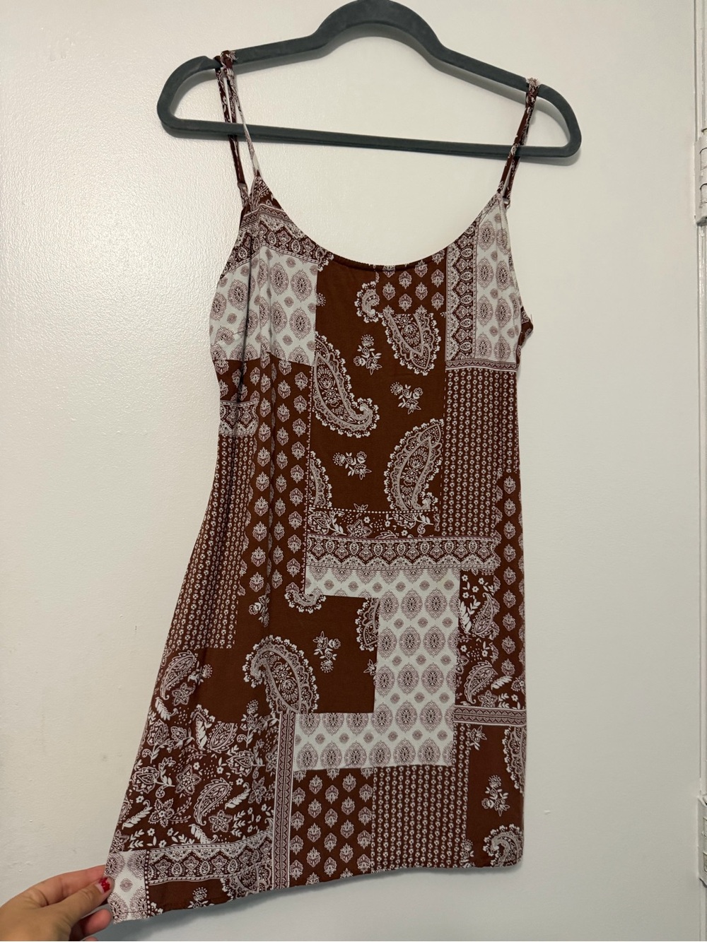 La Hearts Brown Paisley Patchwork Mini Slip Dress